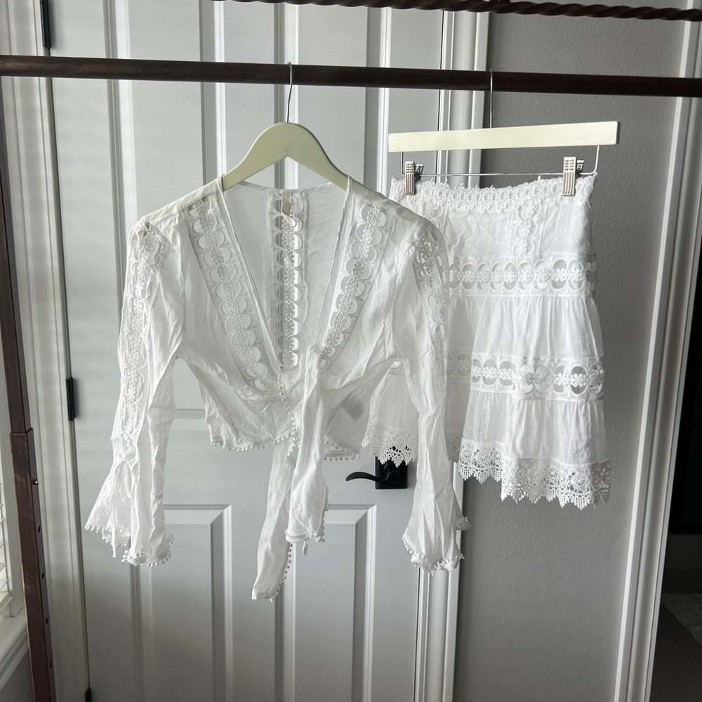 Elan White Lace Detail Blouse and Skirt